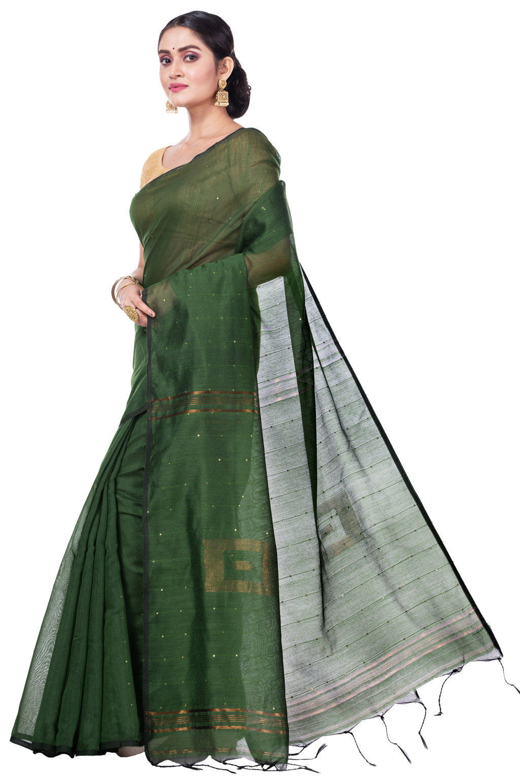 Dark Green Blended Cotton Sequence_Handloom Hand Loom Saree (473)